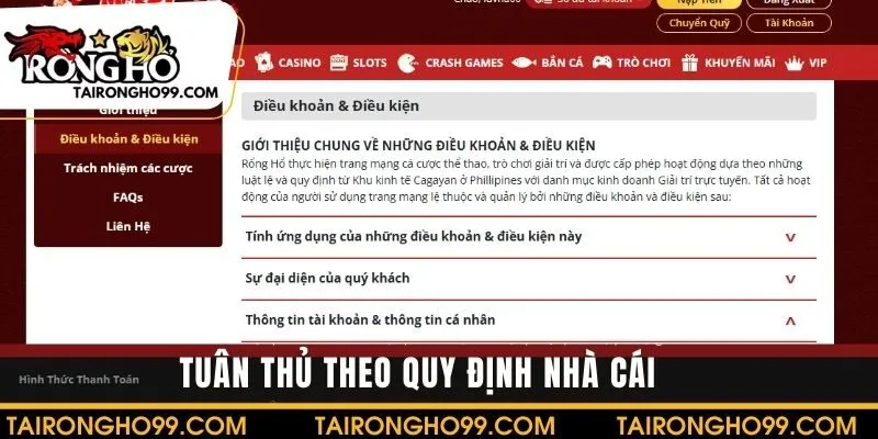 Tuân thủ theo quy định về việc rút tiền RONGHO66